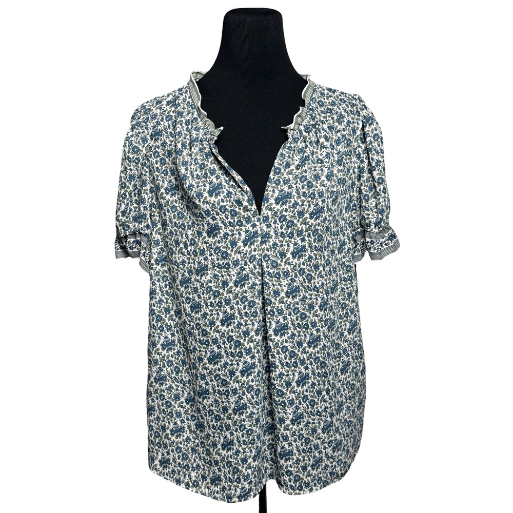 Max Studio Womens XL Floral Lightweight Top Blouse Ruffle CottageCore Boho Blue